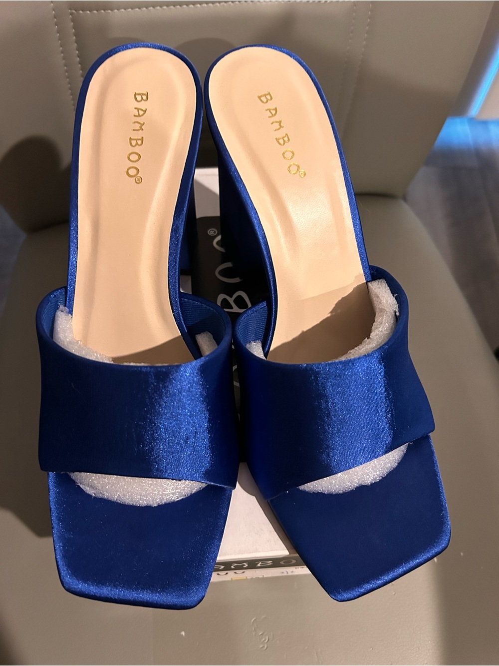 BAMBOO Royal Blue Satin Block Heel Mules